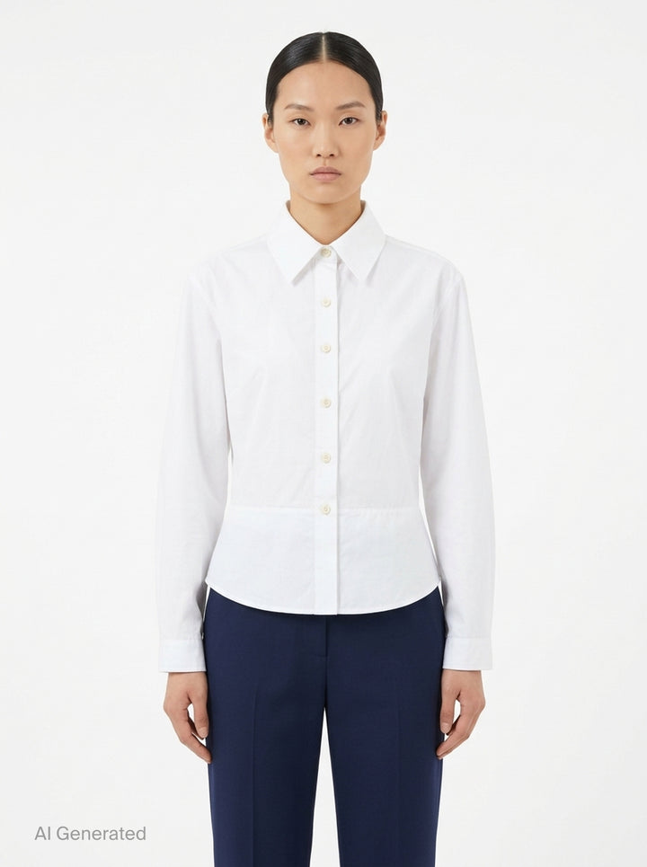 Alaïa Basque Cotton Poplin Shirt in white, featuring a sculpted waist seam, peplum hem, point collar, and mother-of-pearl button front fastening - front