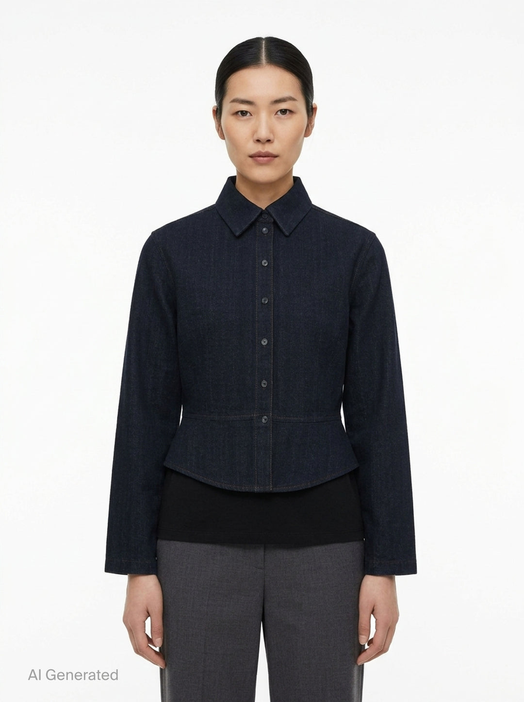 Alaïa Basque Shirt Wool Denim jacket in dark indigo, featuring a point collar, concealed button-front placket, structured basque waist seam, tonal contrast stitching, and a cropped curved hem — front view on white background - front