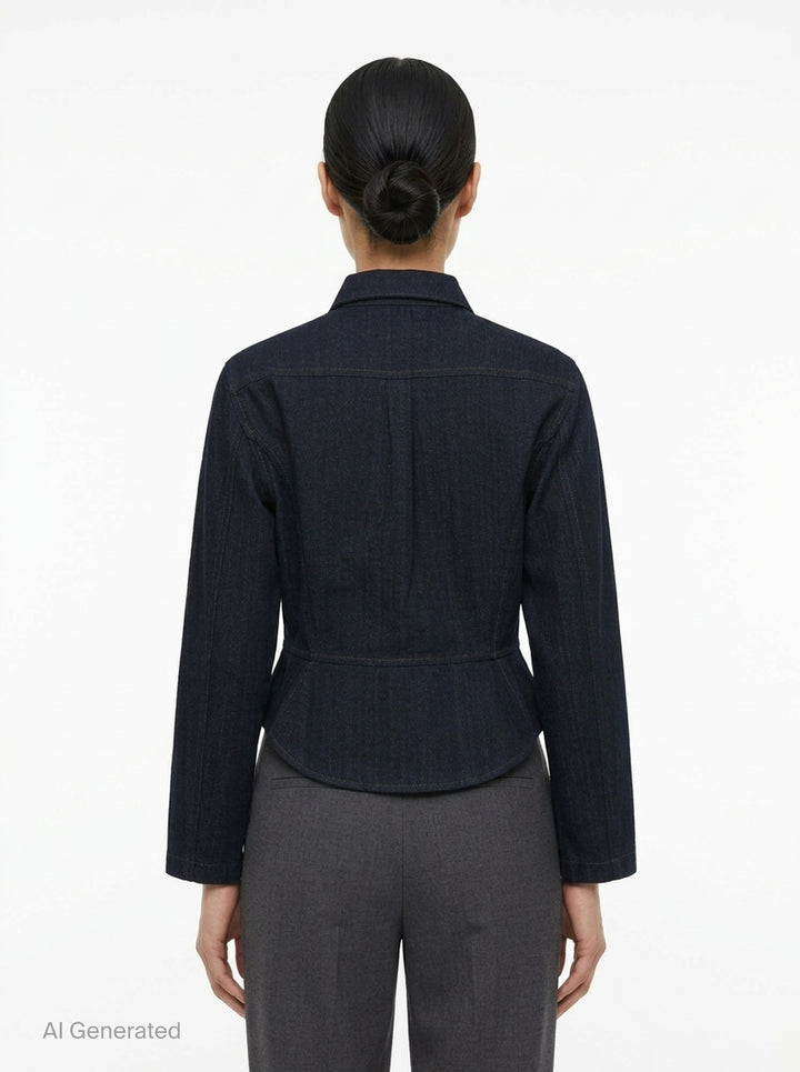 Alaïa Basque Shirt Wool Denim jacket in dark indigo, featuring a point collar, concealed button-front placket, structured basque waist seam, tonal contrast stitching, and a cropped curved hem — front view on white background - back