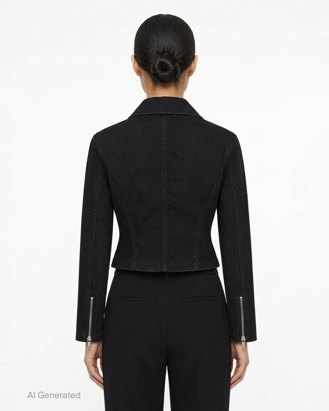 Alaïa Black Denim Biker Jacket with asymmetric silver-tone zip, corset seaming, and cropped curved hem, shown flat on white background - back