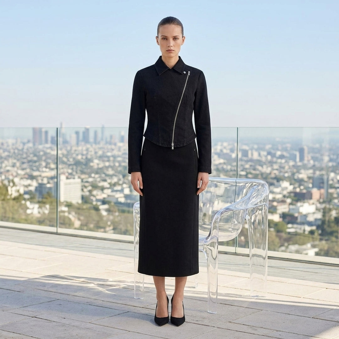 Alaïa Black Denim Biker Jacket with asymmetric silver-tone zip, corset seaming, and cropped curved hem, shown flat on white background - lifestyle