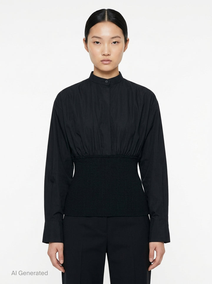 Alaïa Cinched Cotton Poplin Shirt in black, featuring a voluminous poplin upper, mandarin collar with button fastening, long sleeves, and a structured ribbed knit cinched waistband - front