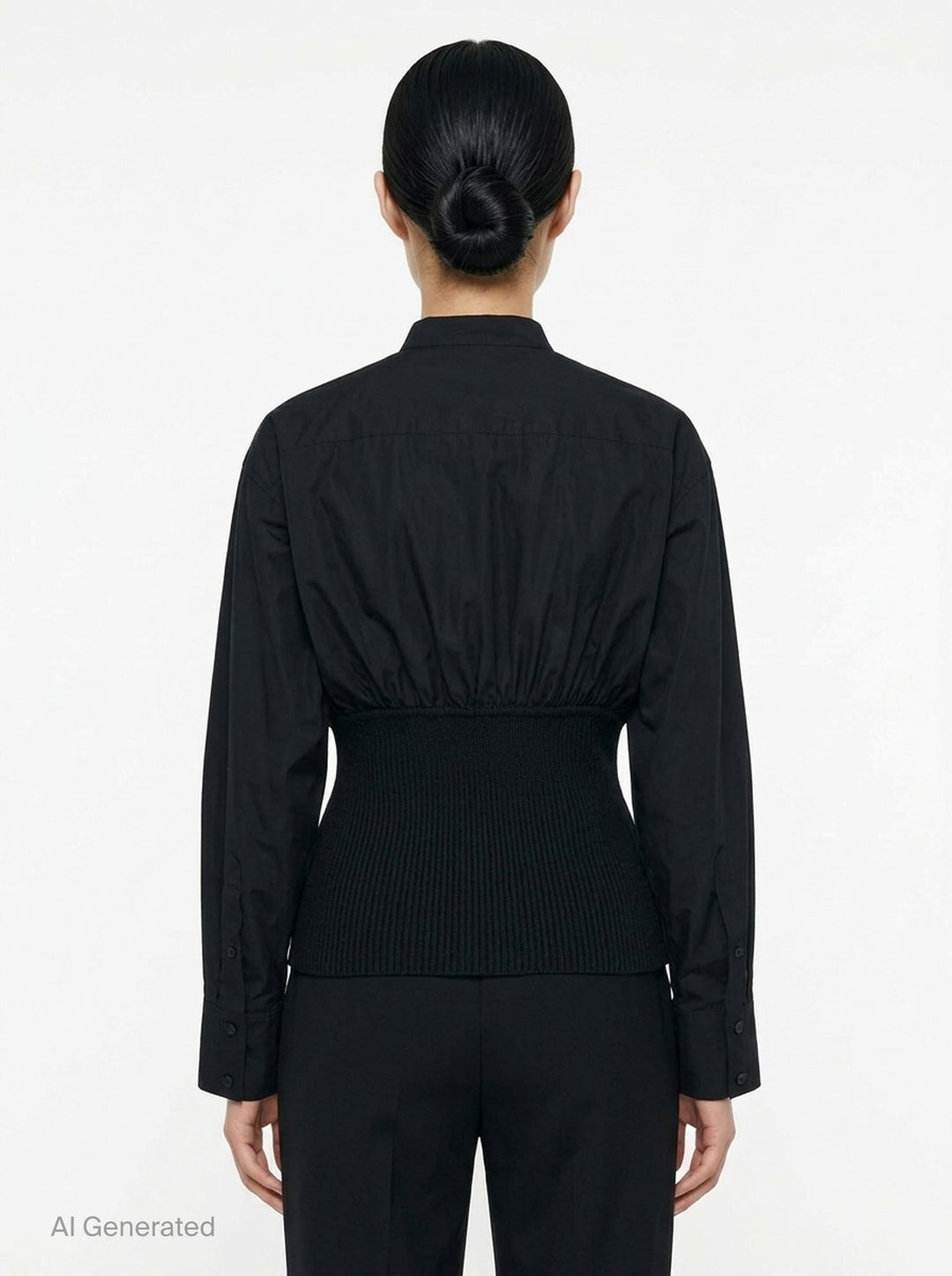 Alaïa Cinched Cotton Poplin Shirt in black, featuring a voluminous poplin upper, mandarin collar with button fastening, long sleeves, and a structured ribbed knit cinched waistband - back