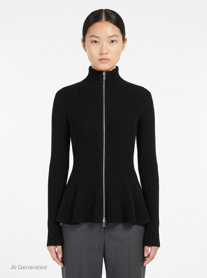 Alaïa Engineered Rib Peplum Cardigan in black with full-length silver zip, high mock neck, and flared peplum hem - front