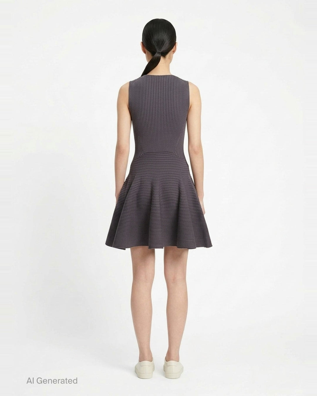 Alaïa Engineered Ribs Skater Dress in charcoal grey, featuring a fitted vertical-ribbed bodice and a flared skirt with geometric horizontal ribbed panels, sleeveless with a round neckline - back