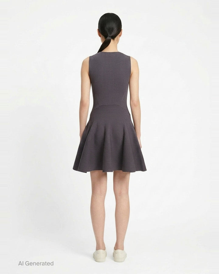 Alaïa Engineered Ribs Skater Dress in charcoal grey, featuring a fitted vertical-ribbed bodice and a flared skirt with geometric horizontal ribbed panels, sleeveless with a round neckline - back
