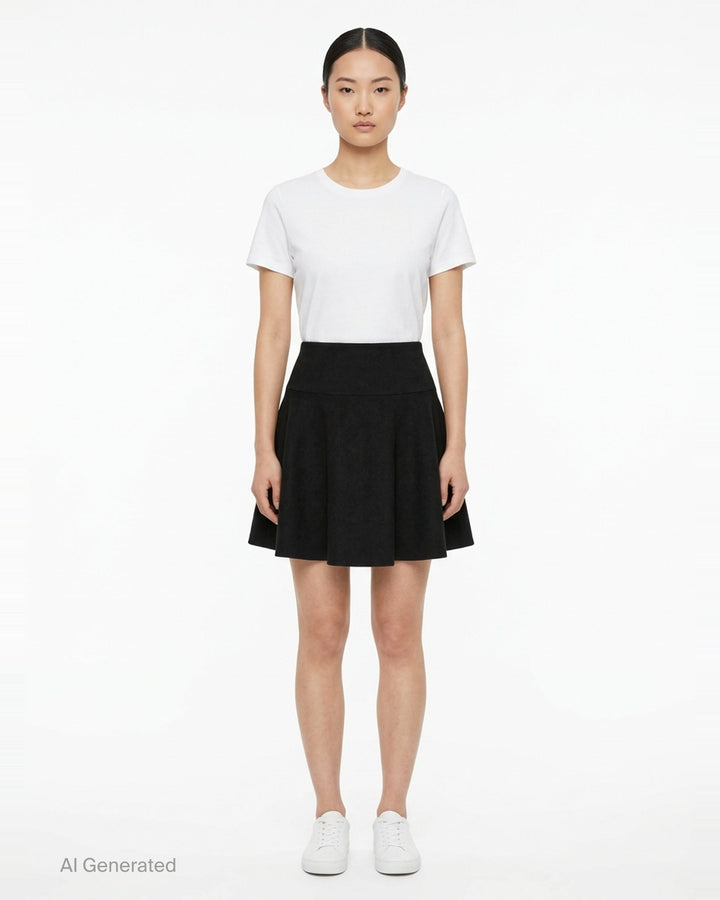 Alaïa light felted wool skater skirt in black, featuring a high wide waistband and full flared circle hem, displayed as a flat product shot on a white background - front