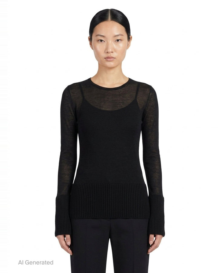 Alaïa long sleeve multi-gauge crew neck top in black sheer fine knit with contrast chunky ribbed hem and oversized turned-back cuffs, front view on white background - front