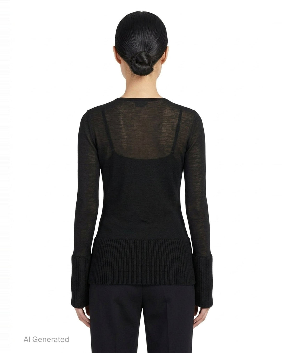 Alaïa long sleeve multi-gauge crew neck top in black sheer fine knit with contrast chunky ribbed hem and oversized turned-back cuffs, front view on white background - back