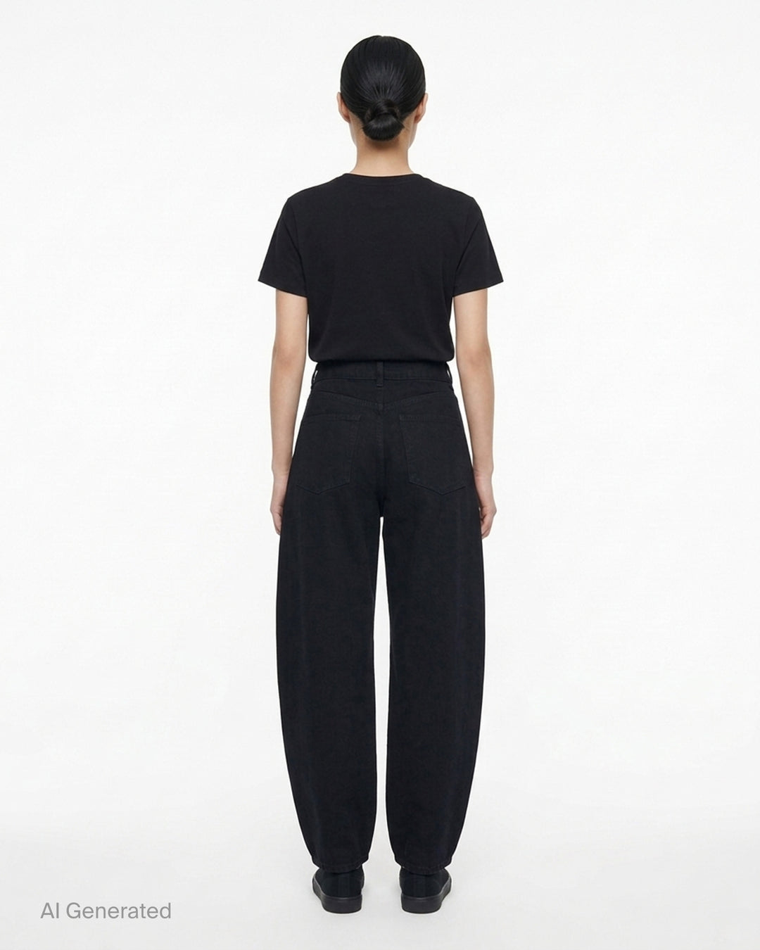 Alaïa round black denim jeans with a high waist and sculpted curved leg, shown front view - back