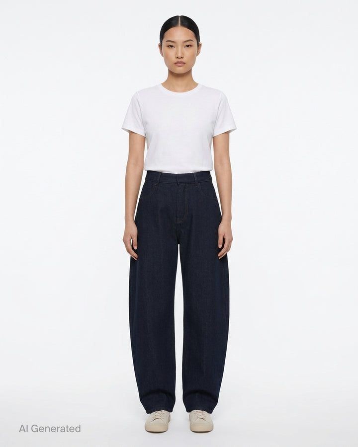 Alaïa round pants in dark navy wool denim with a high waist, curved barrel leg and contrast topstitching, shown from the front - front