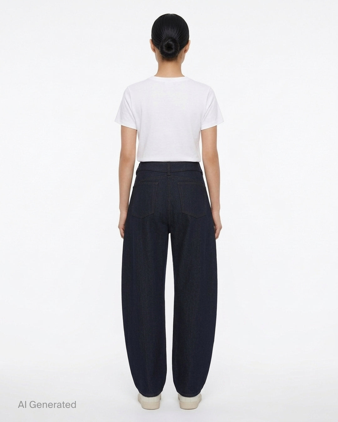 Alaïa round pants in dark navy wool denim with a high waist, curved barrel leg and contrast topstitching, shown from the front - back