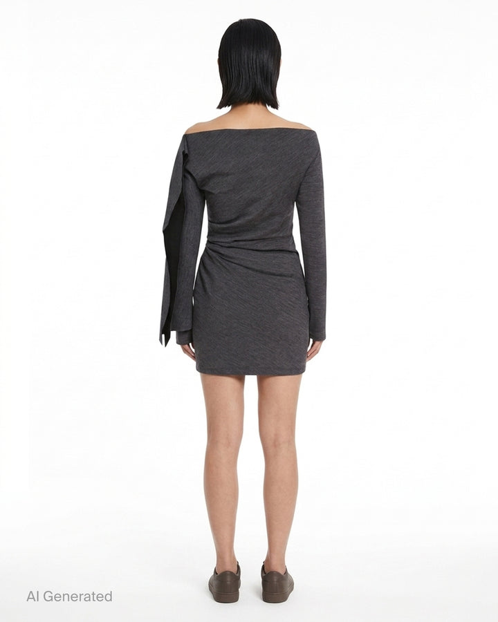 Alexander Wang asymmetric drape long sleeve mini dress in heathered charcoal jersey with off-shoulder neckline and ruched waist - back