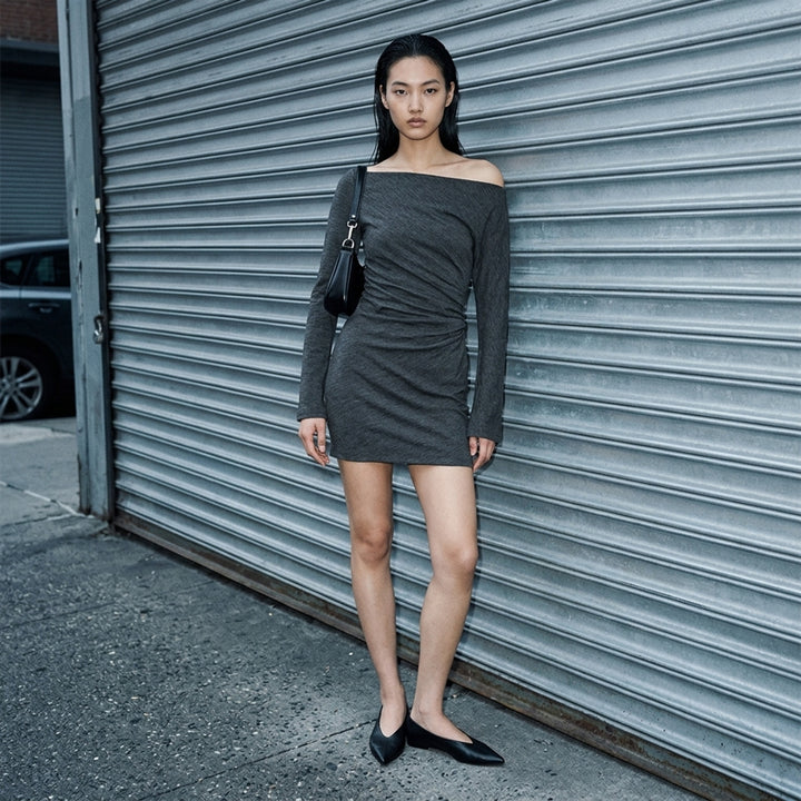 Alexander Wang asymmetric drape long sleeve mini dress in heathered charcoal jersey with off-shoulder neckline and ruched waist - lifestyle