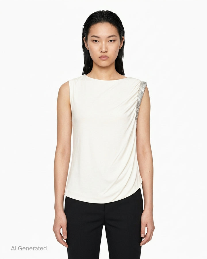 Alexander Wang black sleeveless one-shoulder top with gathered twist detail and hotfix embellished trim - front