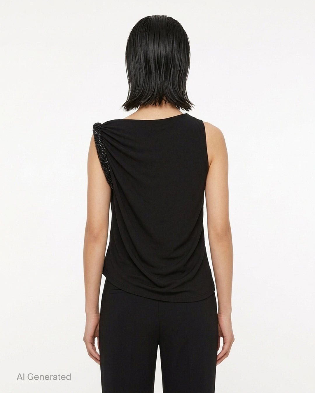 Alexander Wang black sleeveless one-shoulder top with gathered twist detail and hotfix embellished trim - back