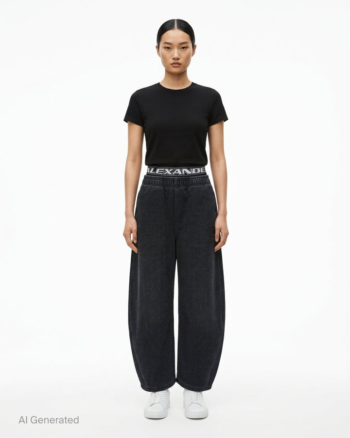Alexander Wang washed black brushed denim sweatpants with layered logo elastic waistband and curved barrel leg - front