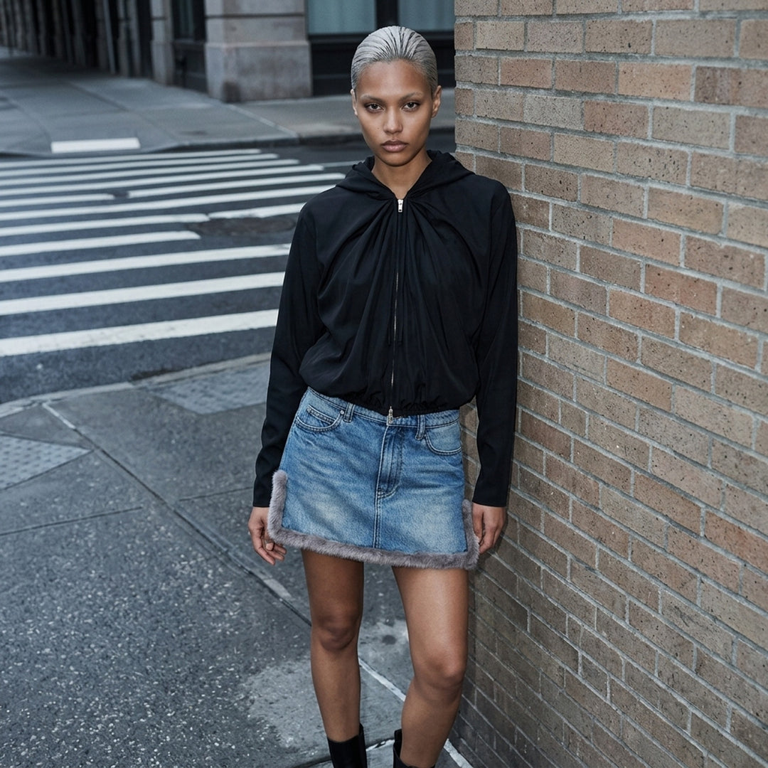 Alexander Wang washed blue denim mini skirt with faux mink trim along the hem and side vents, shown from the front - lifestyle
