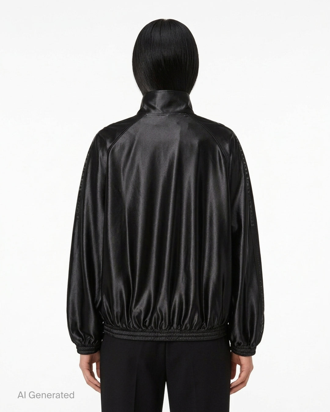 Alexander Wang black satin oversized track jacket with embossed logo tape on the sleeves, funnel neck and smocked hem - back