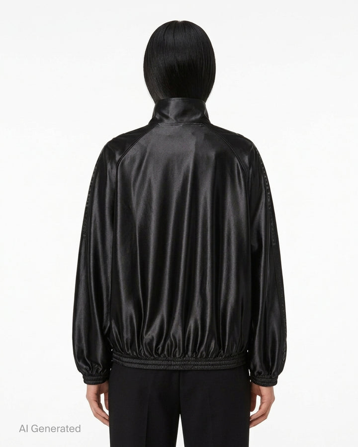 Alexander Wang black satin oversized track jacket with embossed logo tape on the sleeves, funnel neck and smocked hem - back