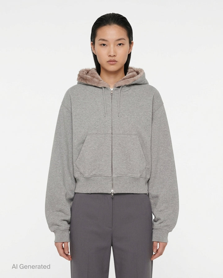 Alexander Wang cropped heather grey zip-up hoodie with faux fur-lined hood, front view - front