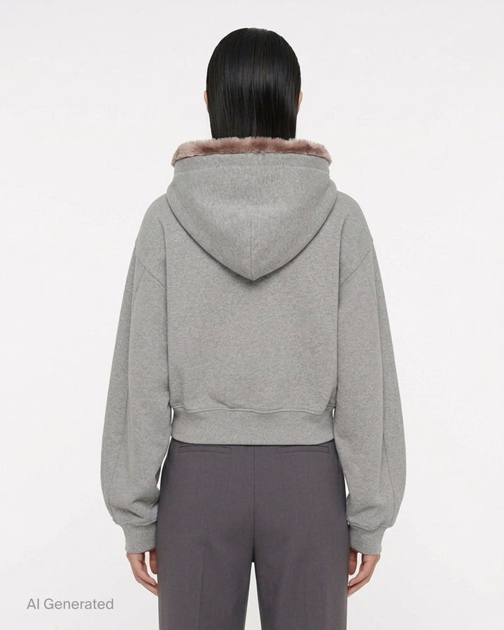 Alexander Wang cropped heather grey zip-up hoodie with faux fur-lined hood, front view - back