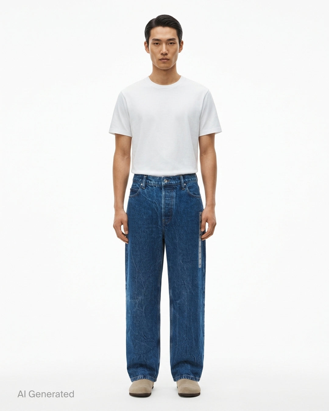 Alexander Wang unisex wide-leg jeans in crinkled mid-blue denim with a woven AW monogram flasher at the hip - front
