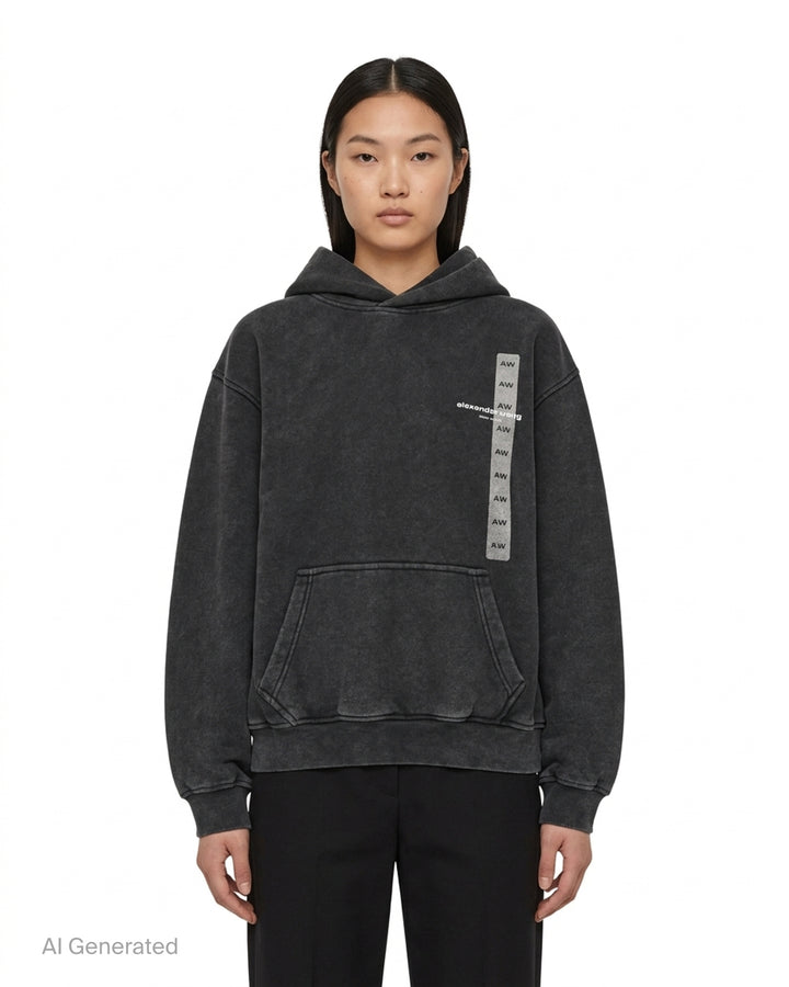 Alexander Wang washed black oversized hoodie with vertical holographic AW flasher graphic and alexanderwang New York logo print on the chest - front
