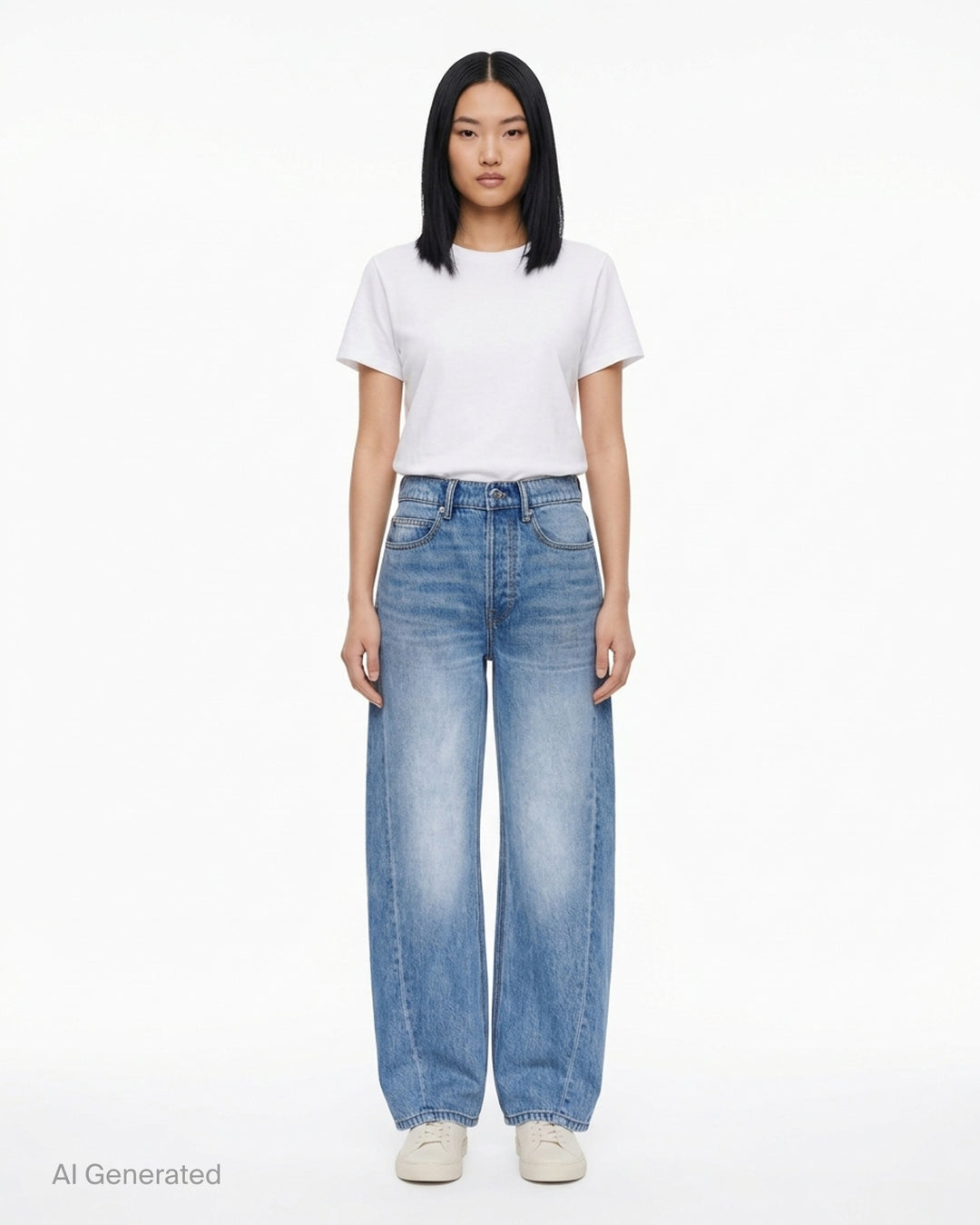 Alexander Wang Float Jeans in washed mid-blue denim with a high rise and curved twisted-seam leg, shown from the front - front