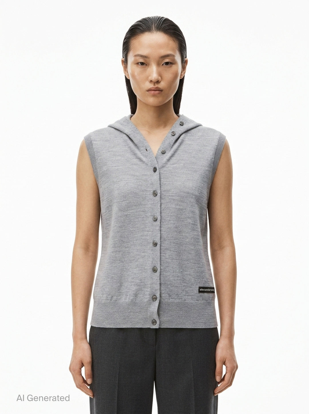 Alexander Wang heather grey hooded tank cardigan with full button-down front closure, ribbed trim, and woven brand label at hem - front