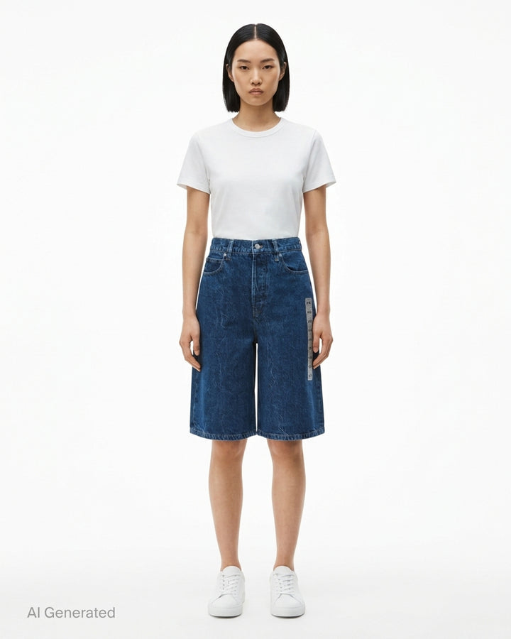 Alexander Wang low rise indigo denim board shorts with button fly and crystal-embellished AW logo strip - front