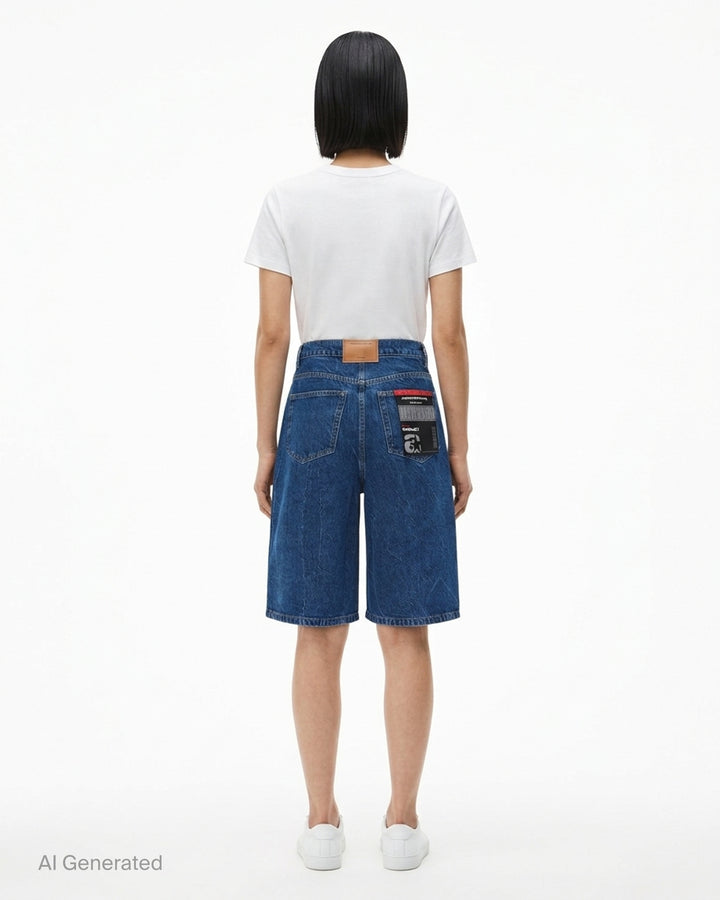 Alexander Wang low rise indigo denim board shorts with button fly and crystal-embellished AW logo strip - back