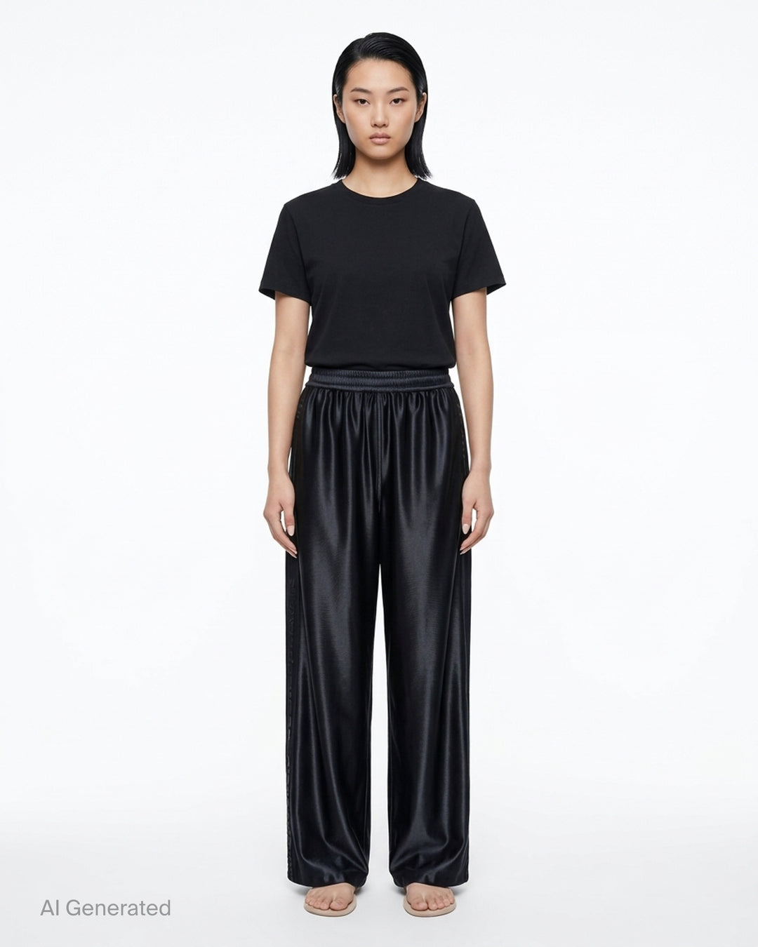Alexander Wang mid-rise black glossy track pants with embossed side logo panels and elasticated waistband, shown from the front - front
