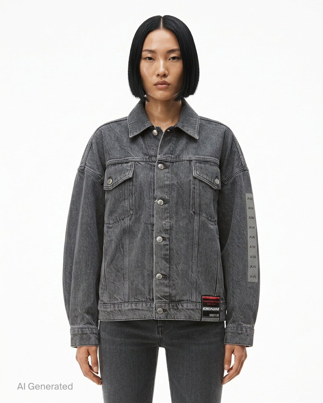 Alexander Wang oversized trucker jacket in washed grey denim with AW logo detail on the sleeve and woven denim label at the hem - front