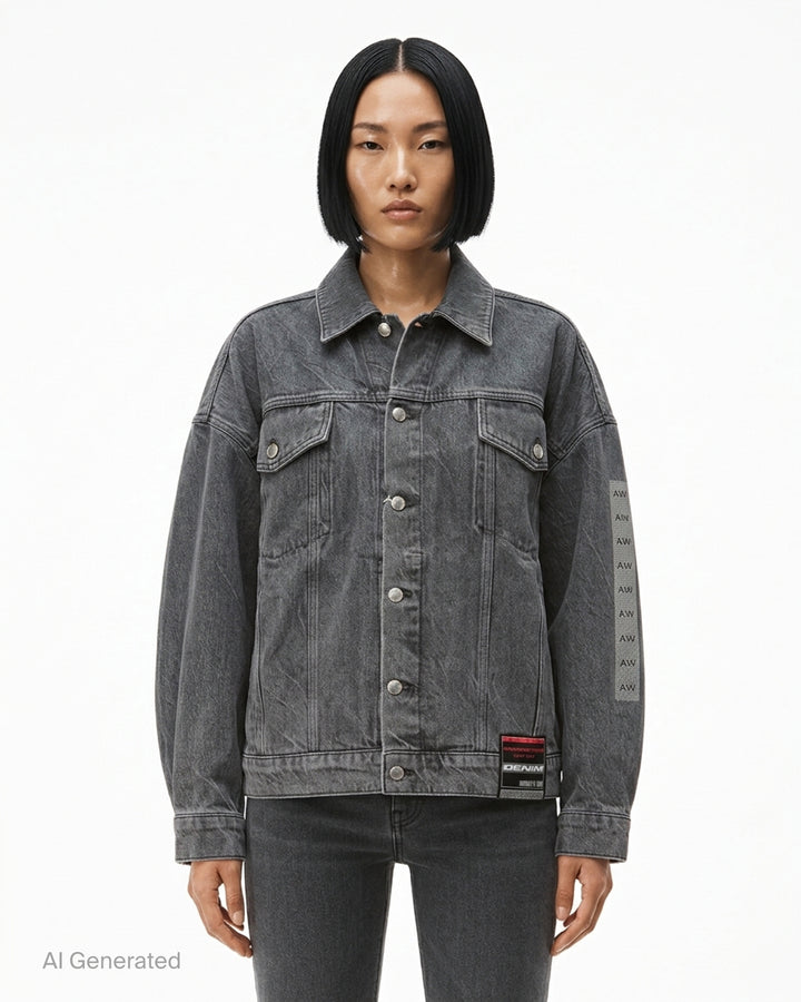 Alexander Wang oversized trucker jacket in washed grey denim with AW logo detail on the sleeve and woven denim label at the hem - front