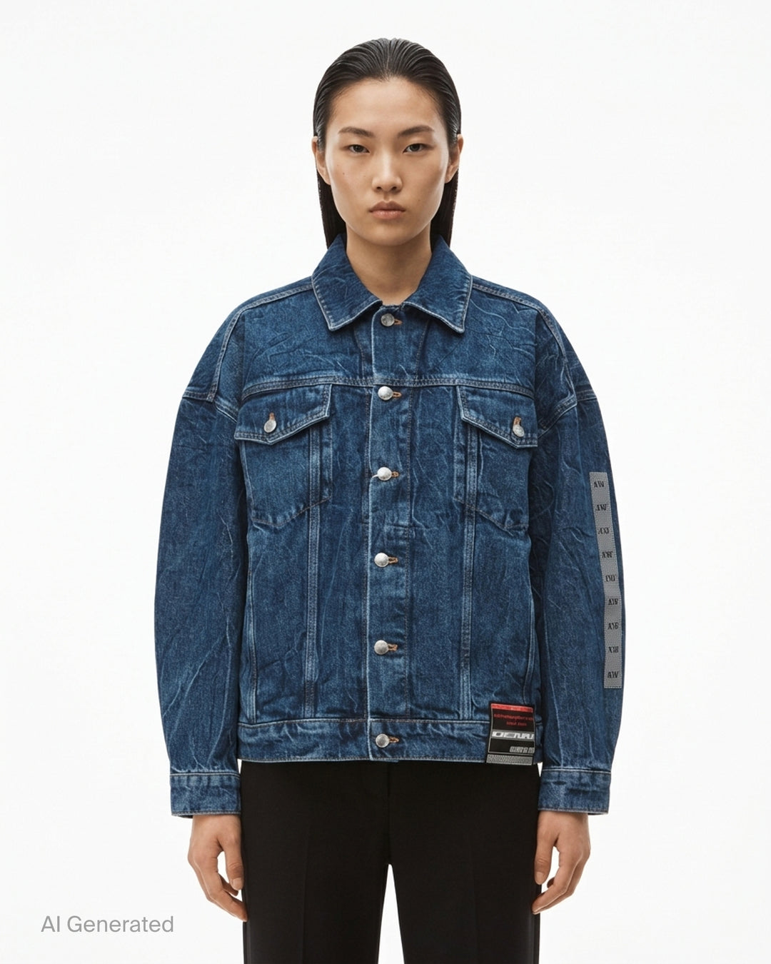 Alexander Wang oversized trucker jacket in washed blue denim with chest flap pockets, button front and AW logo tape on the sleeve - front