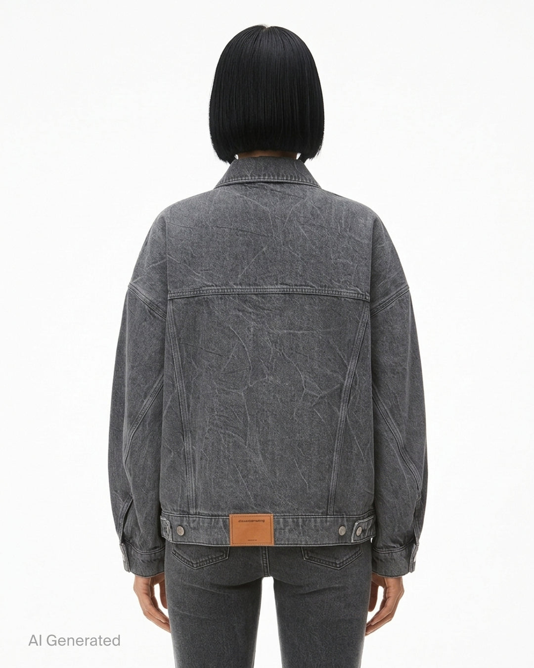 Alexander Wang oversized trucker jacket in washed grey denim with AW logo detail on the sleeve and woven denim label at the hem - back