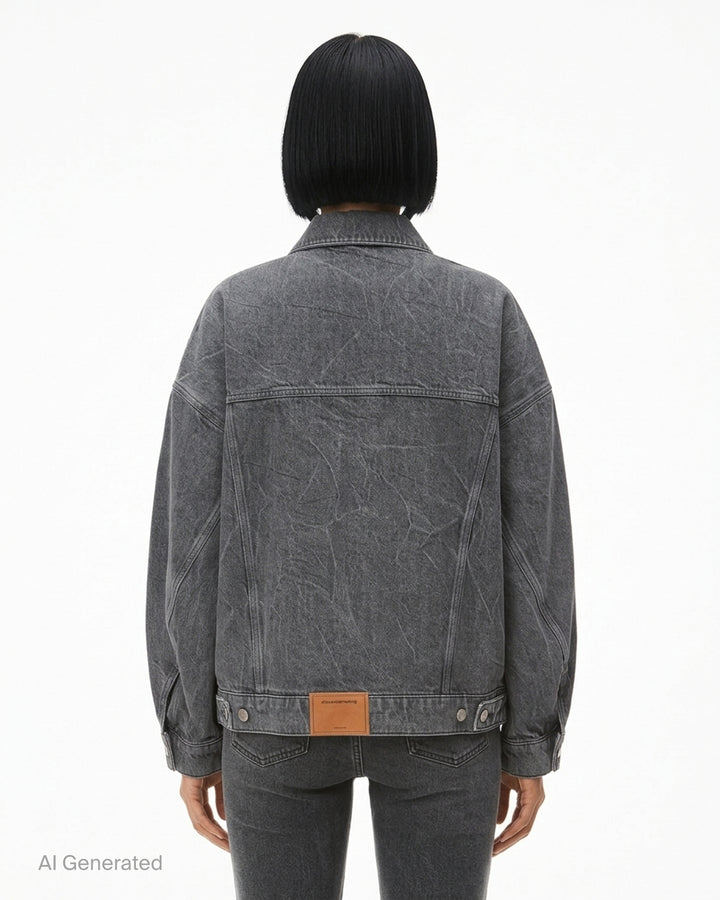Alexander Wang oversized trucker jacket in washed grey denim with AW logo detail on the sleeve and woven denim label at the hem - back