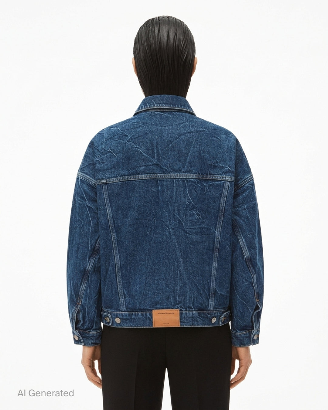 Alexander Wang oversized trucker jacket in washed blue denim with chest flap pockets, button front and AW logo tape on the sleeve - back