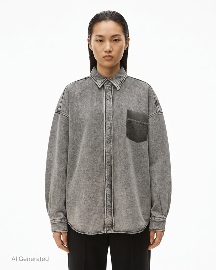 Alexander Wang oversized washed grey denim button-down shirt with shadow-print logo chest pocket and dropped shoulders - front