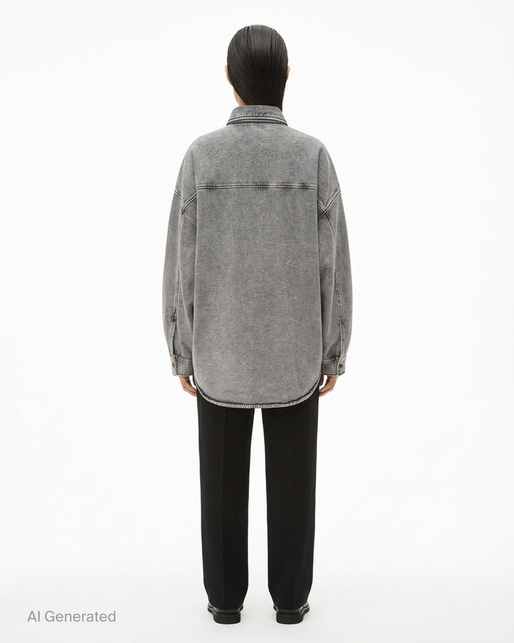 Alexander Wang oversized washed grey denim button-down shirt with shadow-print logo chest pocket and dropped shoulders - back
