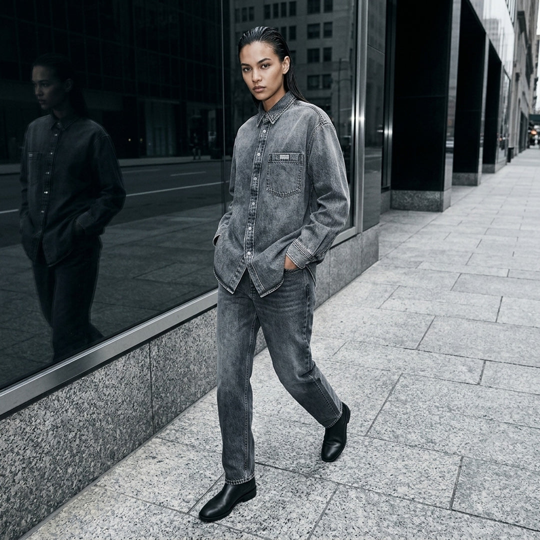 Alexander Wang oversized washed grey denim button-down shirt with shadow-print logo chest pocket and dropped shoulders - lifestyle