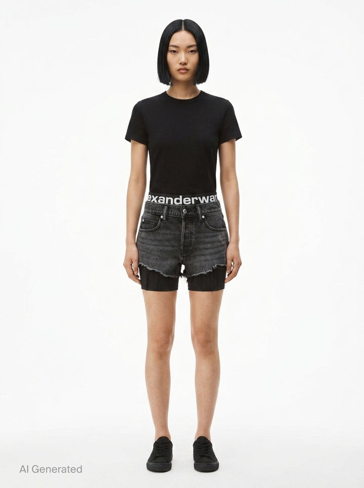 Relaxed Denim Shorts With Logo Waistband | Alexander Wang | Club21 - front
