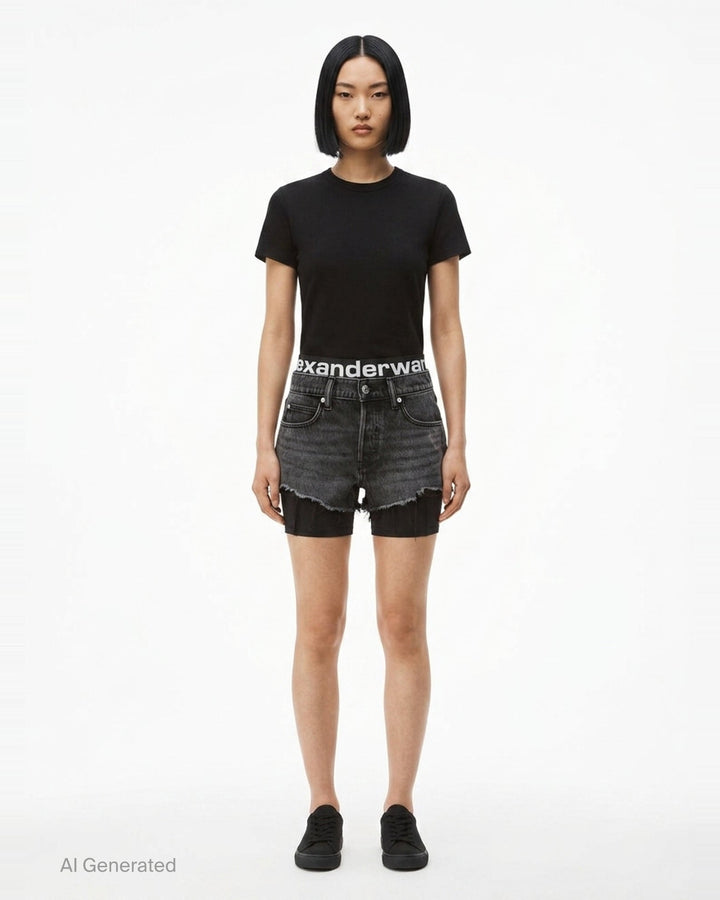 Relaxed Denim Shorts With Logo Waistband | Alexander Wang | Club21 - front
