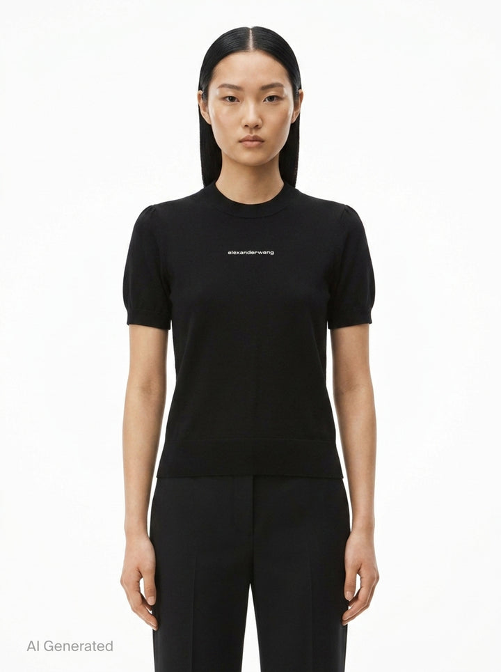 Short Sleeve Crewneck Hotfix Logo Knit Top | Alexander Wang | Club21 - front