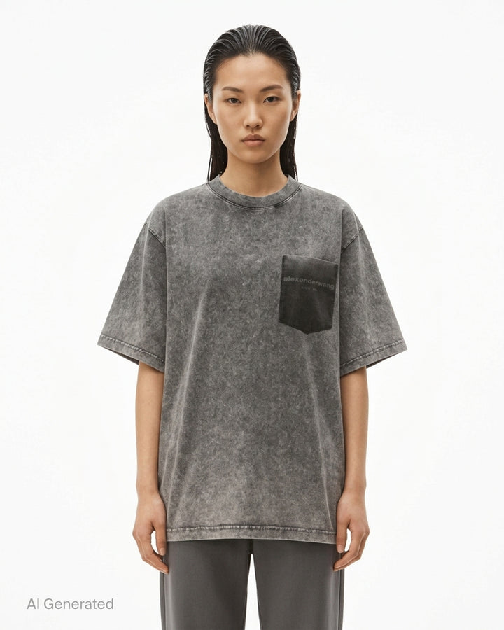 Alexander Wang short sleeve tee in washed grey with a printed shadow pocket and wordmark on the chest - front