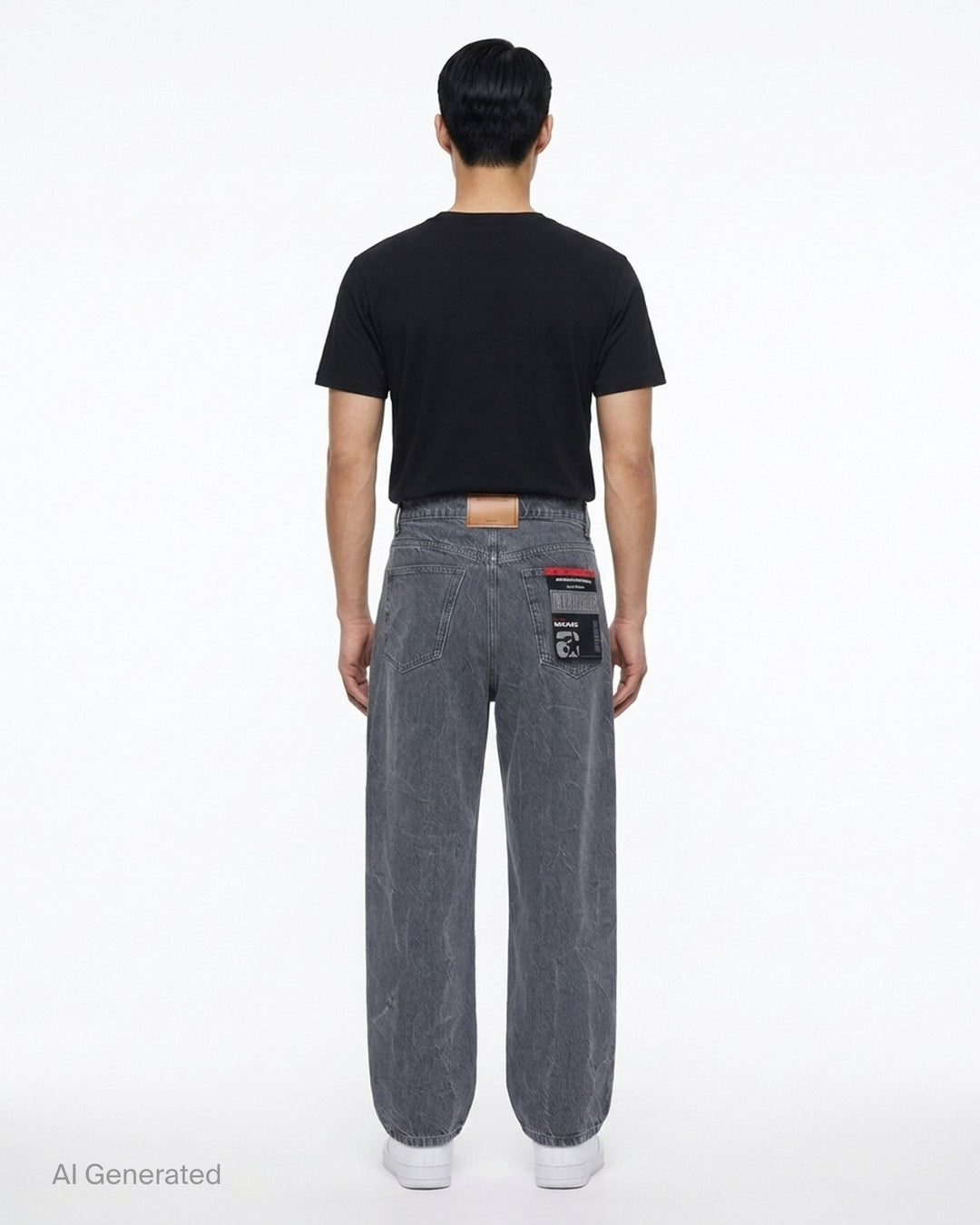 Alexander Wang unisex wide-leg jeans in washed charcoal denim with woven AW flasher label detail, front view - back