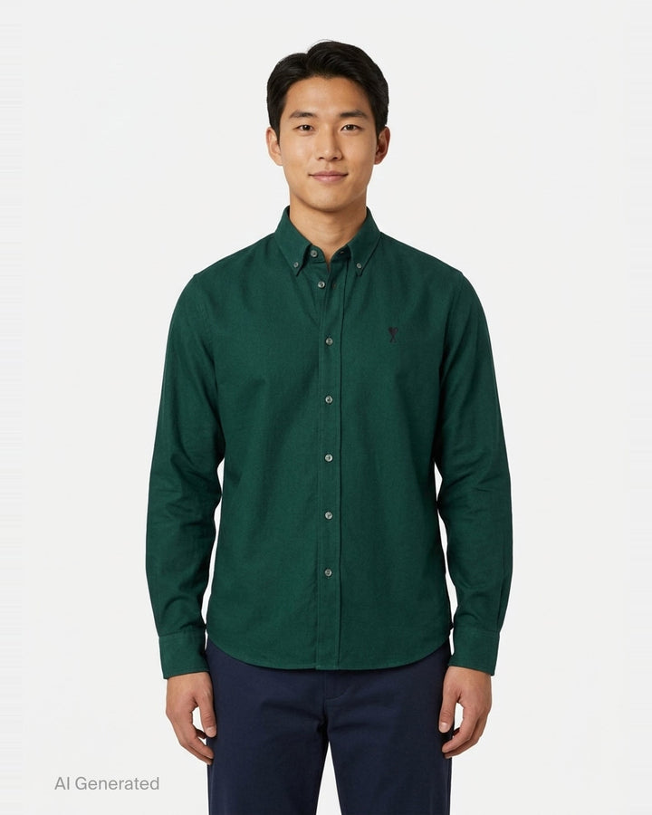 AMI Paris Ami de Cœur long sleeve Oxford shirt in forest green with button-down collar and tonal heart logo embroidery on the chest - front