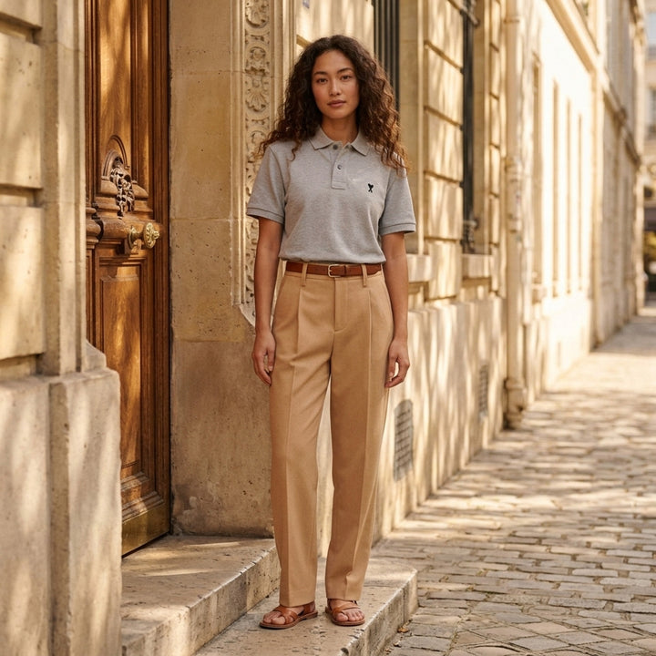 Ami Alexandre Mattiussi heather grey piqué polo shirt with Ami de Cœur embroidered heart-A logo on the chest and two-button placket - lifestyle