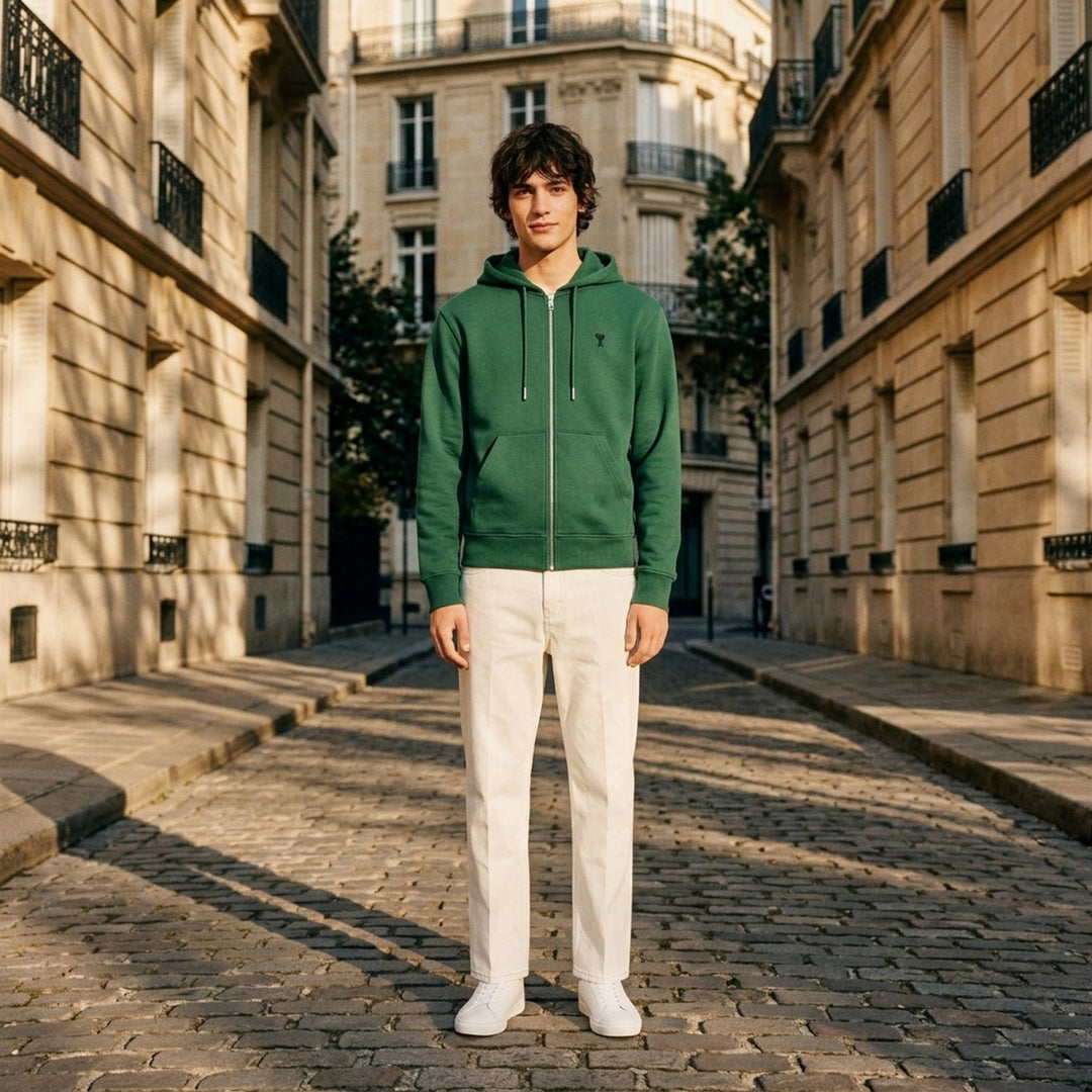 AMI Alexandre Mattiussi forest green zip hoodie with embroidered Ami de Cœur heart logo on the chest, full-length silver zip, kangaroo pocket, and adjustable tonal drawstring hood - lifestyle